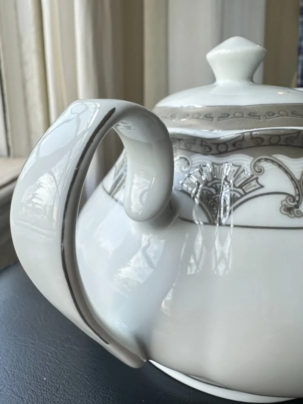 Vintage G S Fine Porcelain German Design Teapot Silver Gray Fan Pattern